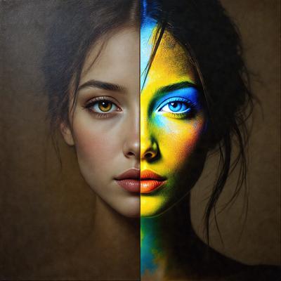 The primary subject of the image is a woman with two different colored eyes, one blue and one yellow. She is wearing makeup and has her hair pulled back. The setting is a brown background, and the visual style is a painting or drawing. The colors and mood of the image are vibrant and lively, with the woman's unique eye coloration being the focal point.